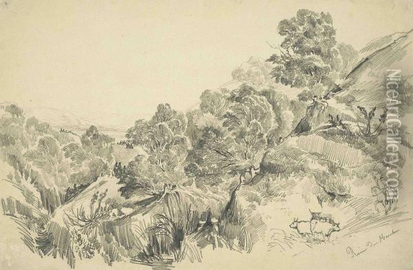 Chile - Two Sketches: 'ravin De Huechun'; And Landscape Oil Painting - Auguste Borget