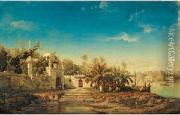 Mosquee Sur Les Bords Du Gange Oil Painting - Auguste Borget