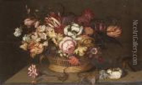 Tulips, An Iris, Narcissi, A 
Peony And Other Flowers In A Basket With A Carnation, A Rose And A 
Lizard On A Table-top Oil Painting - Ambrosius the Younger Bosschaert