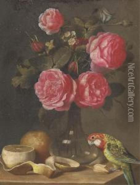 Roses In A Glass Vase, A Partly-peeled Lemon And A Parrot On Aledge Oil Painting - Ambrosius the Younger Bosschaert