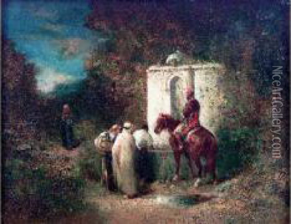 Halte De Cavaliers A La Fontaine Oil Painting - Honore Boze