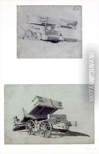 Two examples of contractor's tipping wagons Oil Painting - John Cooke Bourne