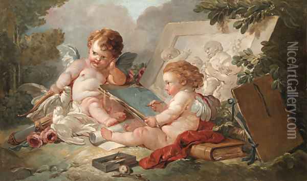 A winged putto sketching Cupid, by a bas-relief of children playing, in a landscape Oil Painting - Francois Boucher