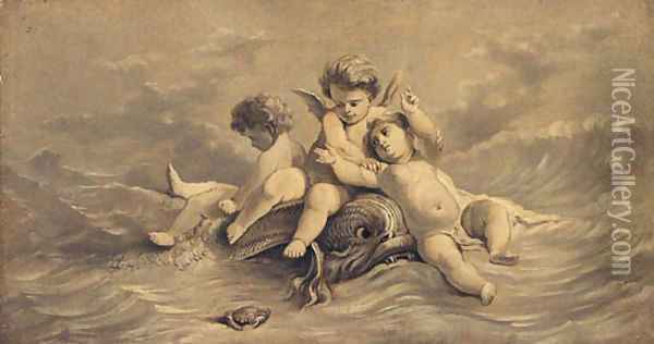 Putti frolicking amidst the sea - en grisaille Oil Painting - Francois Boucher