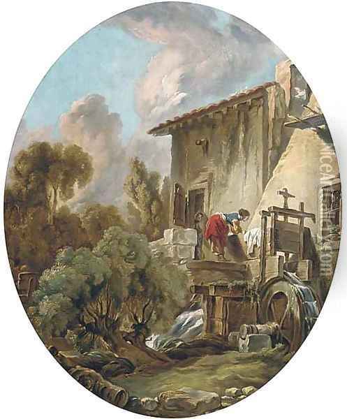 A woman washing clothes at a mill Oil Painting - Francois Boucher