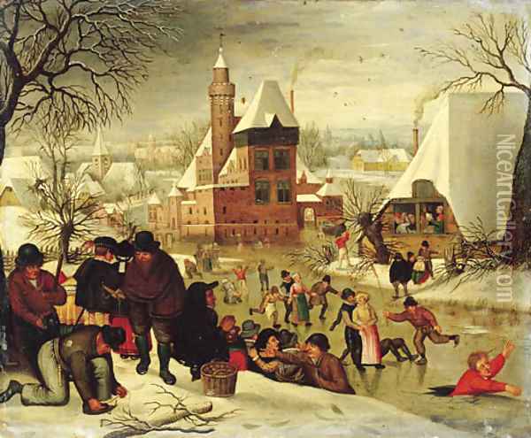 A winter landscape with peasants skating and playing kolf on a frozen river, a town beyond Oil Painting - Pieter The Younger Brueghel