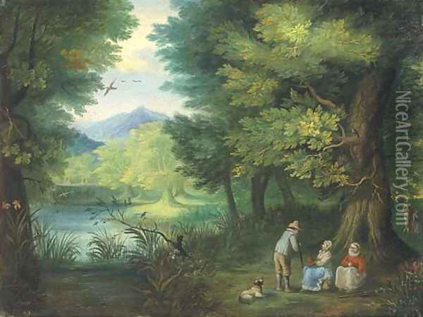 A wooded landscape with travellers at rest by a river Oil Painting - Jan Brueghel the Younger