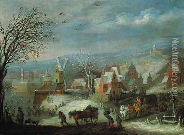 A winter landscape with travellers by a fortified town Oil Painting - Jan Brueghel the Younger