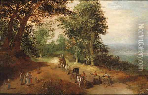 An extensive wooded Landscape with Travellers on a Track Oil Painting - Jan Brueghel the Younger