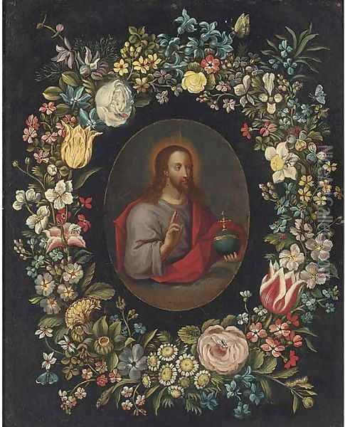 Salvator Mundi, in a floral cartouche Oil Painting - Jan Brueghel the Younger