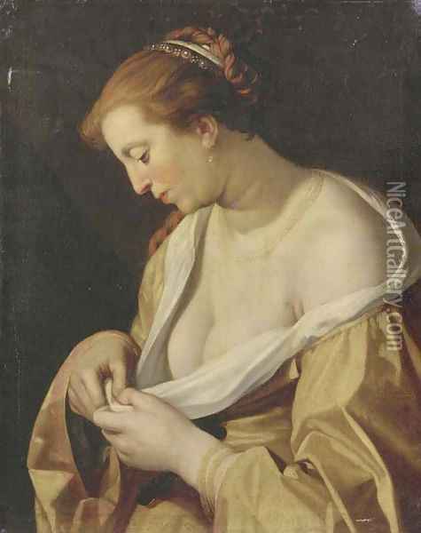 A woman catching flees in her dress Oil Painting - Abraham Bloemaert