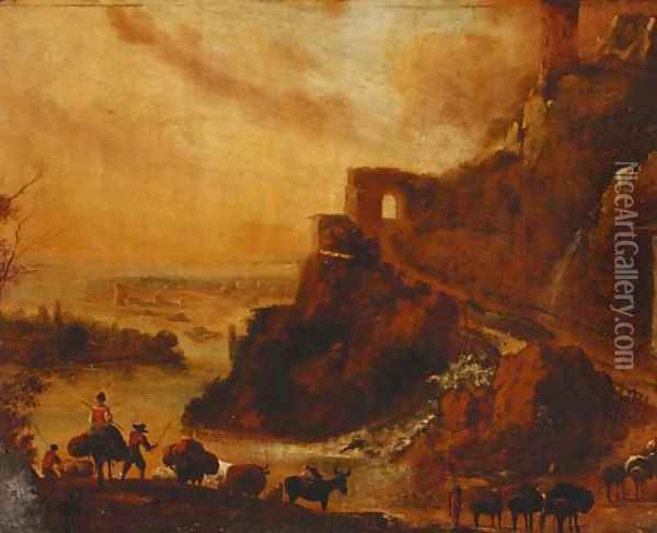 Drovers with cattle in a rocky Italianate landscape Oil Painting - Nicolaes Berchem