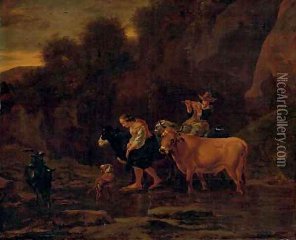 A shepherd and shepherdess with cattle in a landscape Oil Painting - Nicolaes Berchem