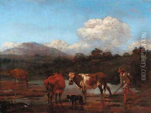 An Italianate landscape with herdsmen and cattle at a pool Oil Painting - Nicolaes Berchem