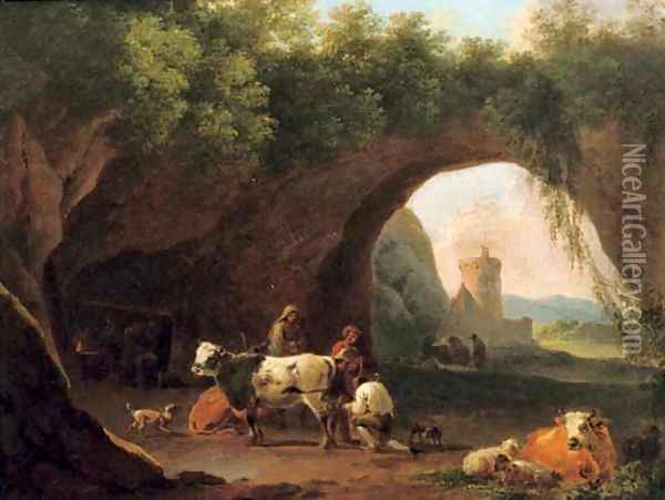 Peasants with their cattle and sheep by the entrance to a grotto Oil Painting - Nicolaes Berchem