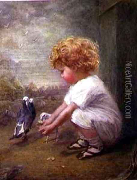 Little Girl feeding Pigeons Oil Painting - Catherine P. Brooker