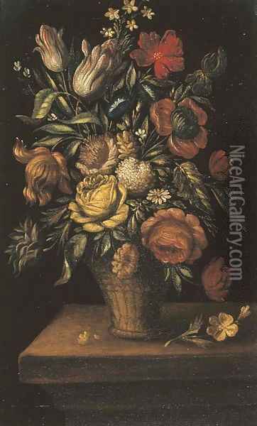 Tulips, roses, and other flowers in a basket on a ledge Oil Painting - Jan The Elder Brueghel