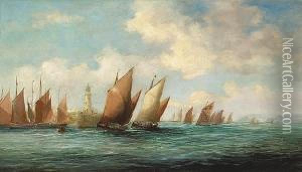 Fishing Boats Off St. Ives, Cornwall Oil Painting - John Edward Brett