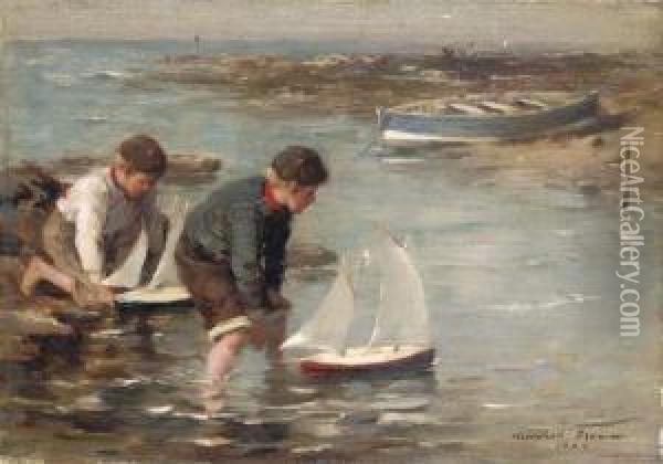 Playing By The Shore Oil Painting - William Mason Brown