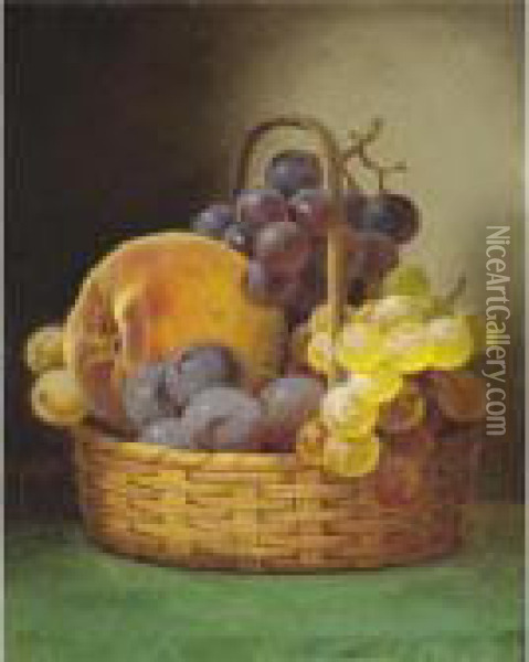 Still Life With Grapes And A Peach In A Basket Oil Painting - William Mason Brown