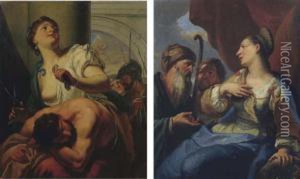 Sansone E Dalila; E Labano, Giacobbe E Rachele Oil Painting - Girolamo Brusaferro