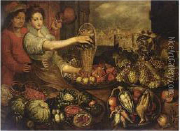 And Apples In A Baskets With Birds, Green Cabbages Oil Painting - Joachim Beuckelaer