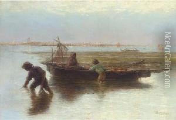 Shell Fishers On The Venetian Lagoon Oil Painting - Hendricus-Jacobus Burgers