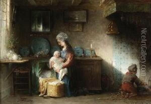 Junge Mutter Mit Ihren Kindern In
 Der Stube. Oil Painting - Hendricus-Jacobus Burgers