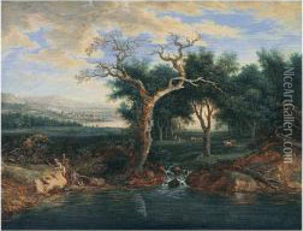 A Pair Of Wooded Landscapes: Oil Painting - Jakob Burgi