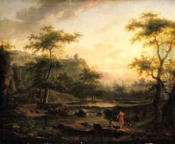 A river landscape with a washerwoman and a herder resting Oil Painting - Jan Both