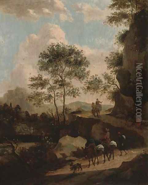 A rocky landscape with travellers on a path Oil Painting - Jan Both