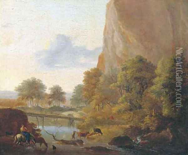 An Italianate landscape with muleteers fording a river, a sportsman in the distance Oil Painting - Jan Both