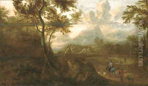 A wooded landscape with travellers on a path Oil Painting - Jan Both