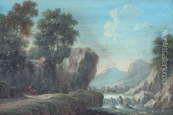 A mountainous, wooded river landscape with a figure on horseback on a path; and A wooded landscape with travellers on a track Oil Painting - Louis Nicolael van Blarenberghe