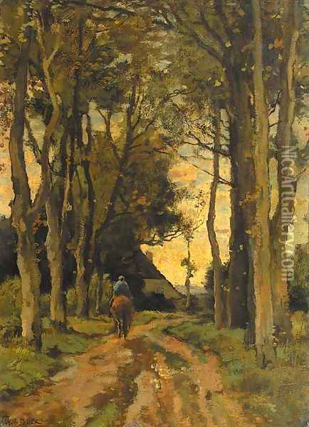 A horserider on a tree-lined lane Oil Painting - Theophile Emile Achille De Bock