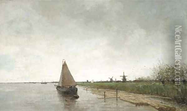 A river landscape with vessels, a city beyond Oil Painting - Theophile Emile Achille De Bock