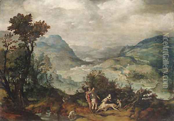An extensive Landscape with Venus and Adonis(); and An extensive Landscape with Mercury and Argus Oil Painting - Herri met de Bles
