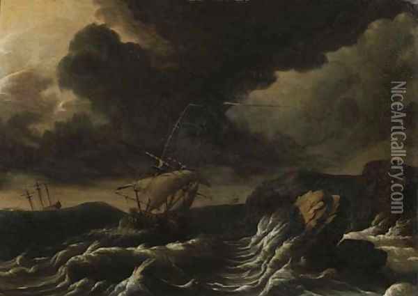 Dutch three-masters off a rocky coast in a gale Oil Painting - Ludolf Backhuysen