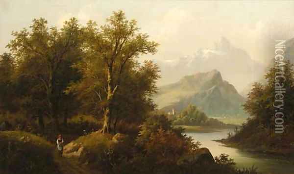 A figure by a lake with a church and mountains beyond; and A figure by a chalet in an Alpine landscape Oil Painting - Eduard Boehm