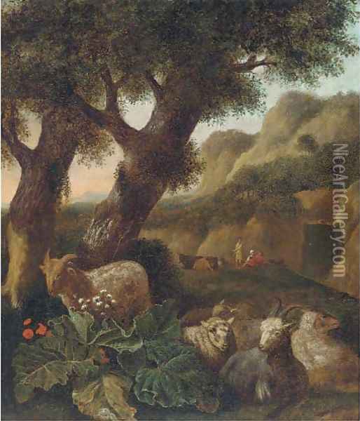 A wooded landscape with sheep and figures resting Oil Painting - Abraham Jansz Begeyn