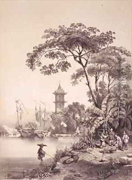 A Pagoda on the Macao-Canton Canal Oil Painting - Auguste Borget