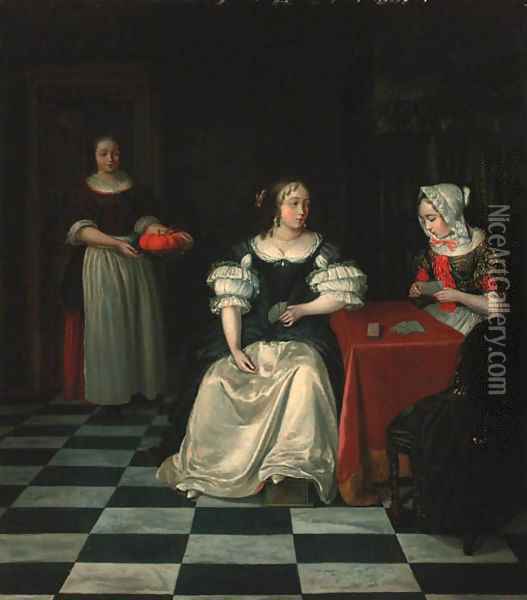A lady and her chaperone playing cards in an interior Oil Painting - Gerard Ter Borch