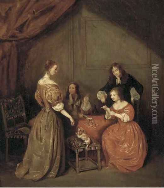 Elegant company playing cards in an interior Oil Painting - Gerard Ter Borch