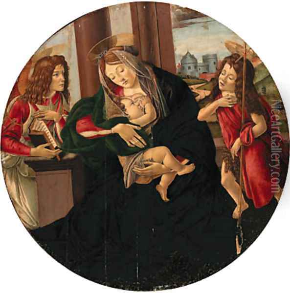 The Madonna and Child enthroned with an Angel and the Infant Saint John the Baptist Oil Painting - Sandro Botticelli