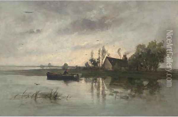 Fishing on the river at dusk Oil Painting - George A. Boyle