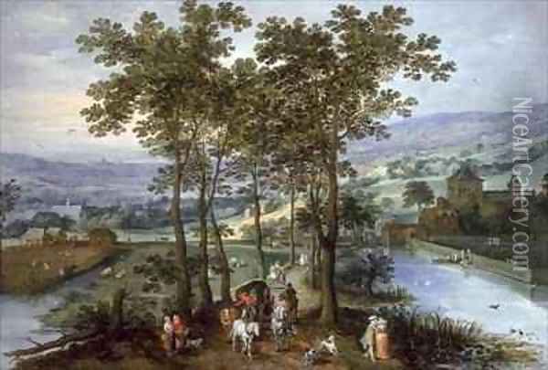 Spring, a landscape with elegant company on a tree-lined road Oil Painting - J. & Momper, J.de Brueghel