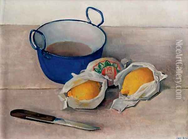 A still life with lemons, a knife and small pot Oil Painting - Jan Boon