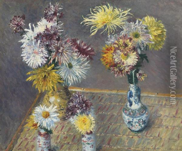 Quatre Vases De Chrysanthemes Oil Painting - Gustave Caillebotte