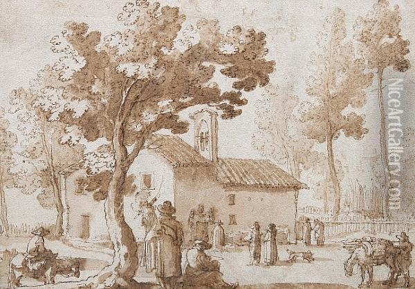Figures By A Rural Church In A Landscape Oil Painting - Remigio Cantagallina