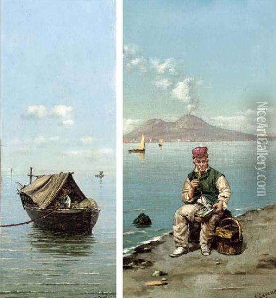 A Neapolitan Fisherman Smoking 
On The Shore, Vesuvius Beyond; And A Fisherman At His Moorings Oil Painting - Vittorio Capessiero